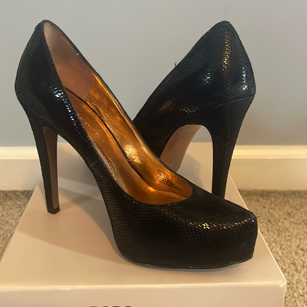 BCBG parade black sandalwood snake heel